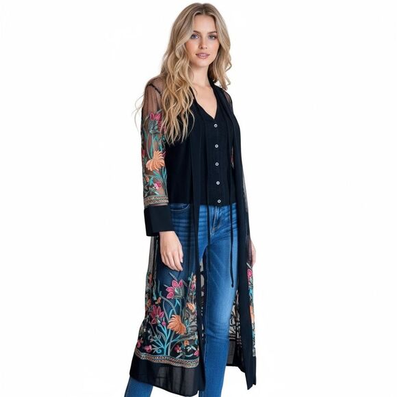 Liv Los Angeles Sweaters - NWT LIV Los Angeles Black Embroidered Sheer Kimono Cardigan Small